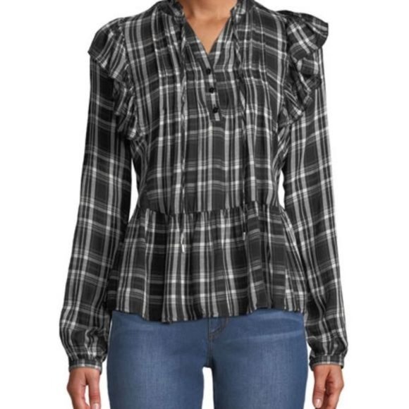 FREE GENERATION Los Angeles Plaid Ruffle Peplum Peasant Blouse Size Medium - Picture 1 of 8